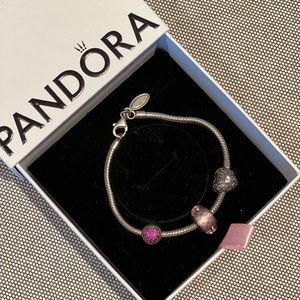 Pandora style silver bracelet with 3 charms